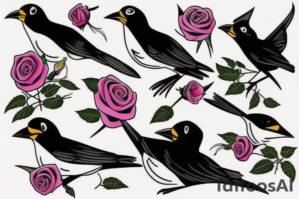 Flying robin holding a rose in it's beak tattoo idea