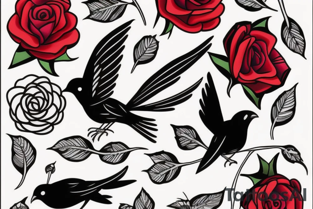 Flying robin holding a rose in it's beak tattoo idea