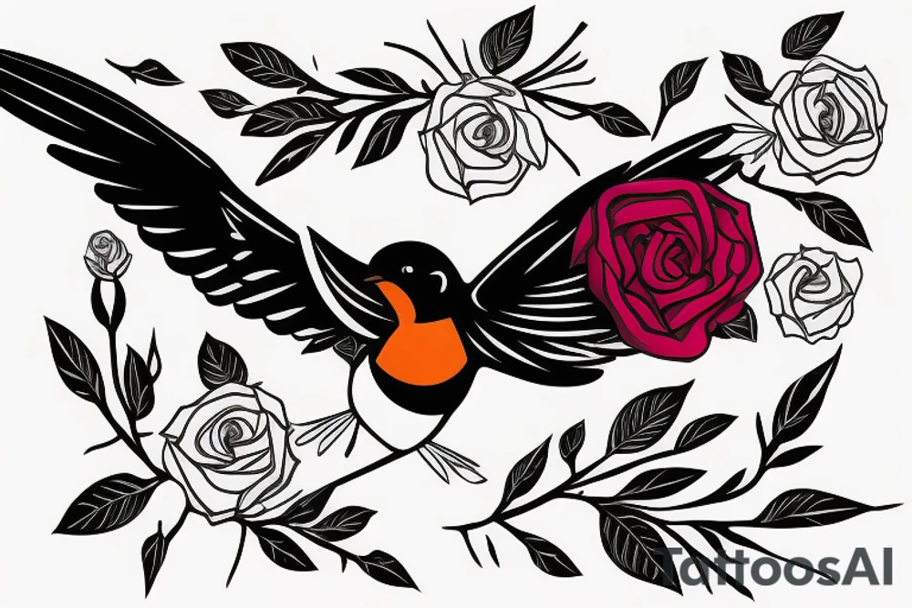 Action shot of a flying robin holding a rose in it's beak tattoo idea