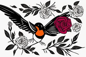 Action shot of a flying robin holding a rose in it's beak tattoo idea