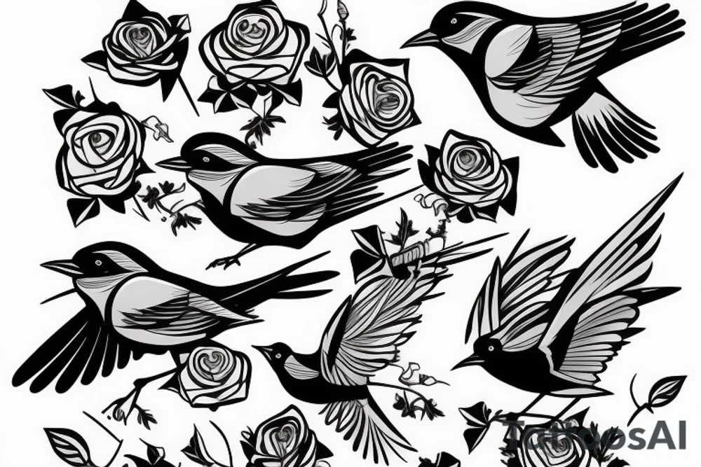 Action shot of a flying robin holding a rose in it's beak tattoo idea