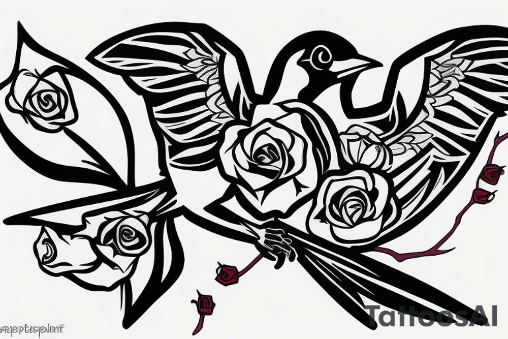 Action shot of a flying robin holding a rose in it's beak tattoo idea