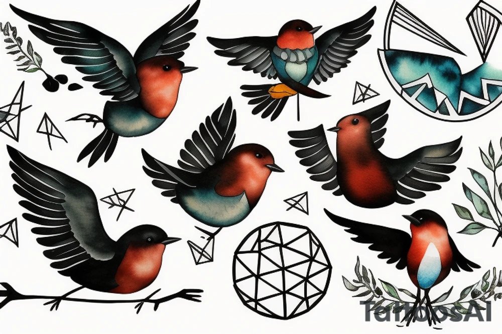 geometric robin mid-flight tattoo idea