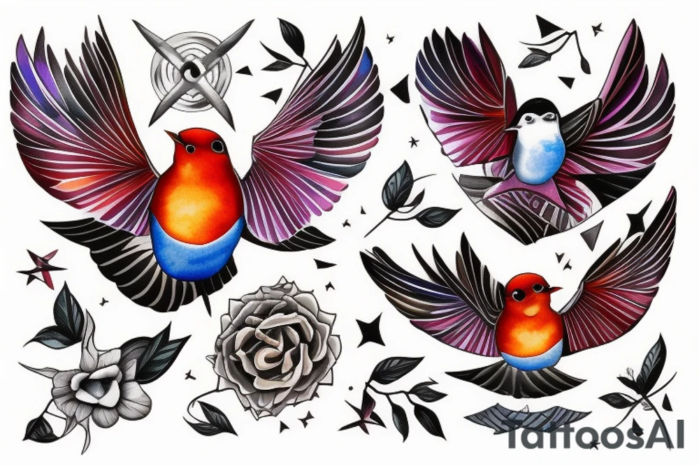 watercolour robin mid-flight, dynamic tattoo idea