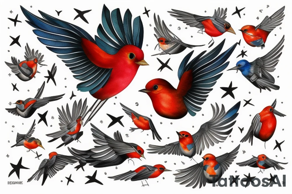 watercolour robin mid-flight, dynamic tattoo idea