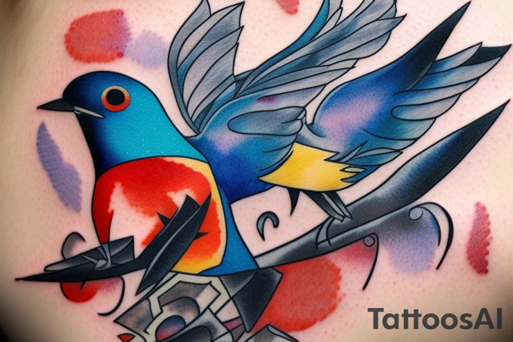 watercolour robin mid-flight, dynamic tattoo idea