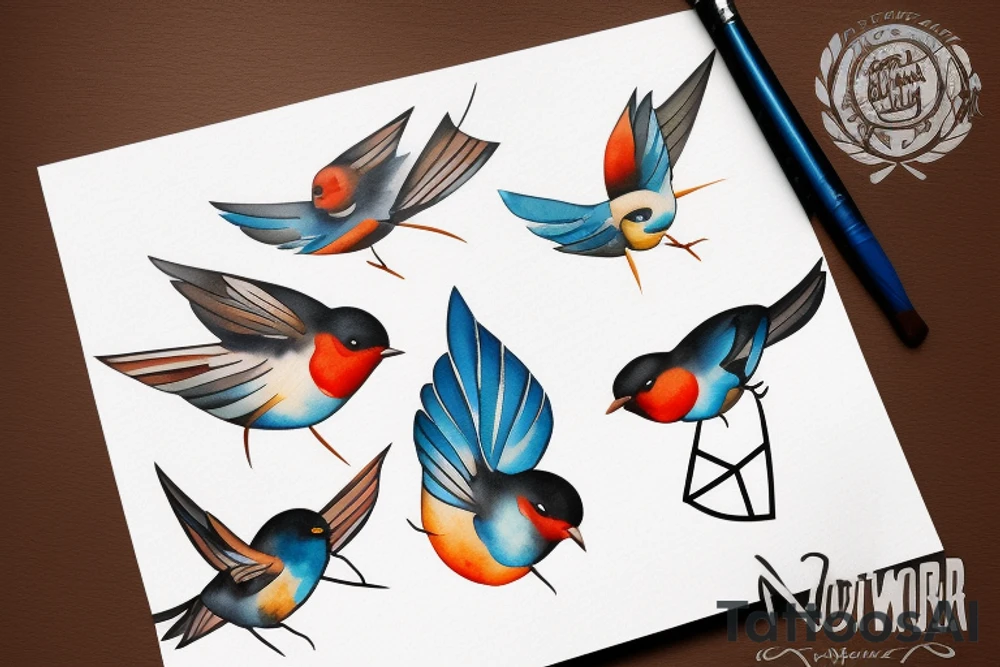 watercolour robin mid-flight, dynamic tattoo idea