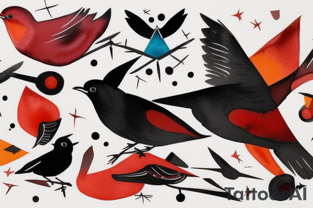 watercolour abstract robin mid-flight, dynamic, only a little bit of red otherwise black and white tattoo idea