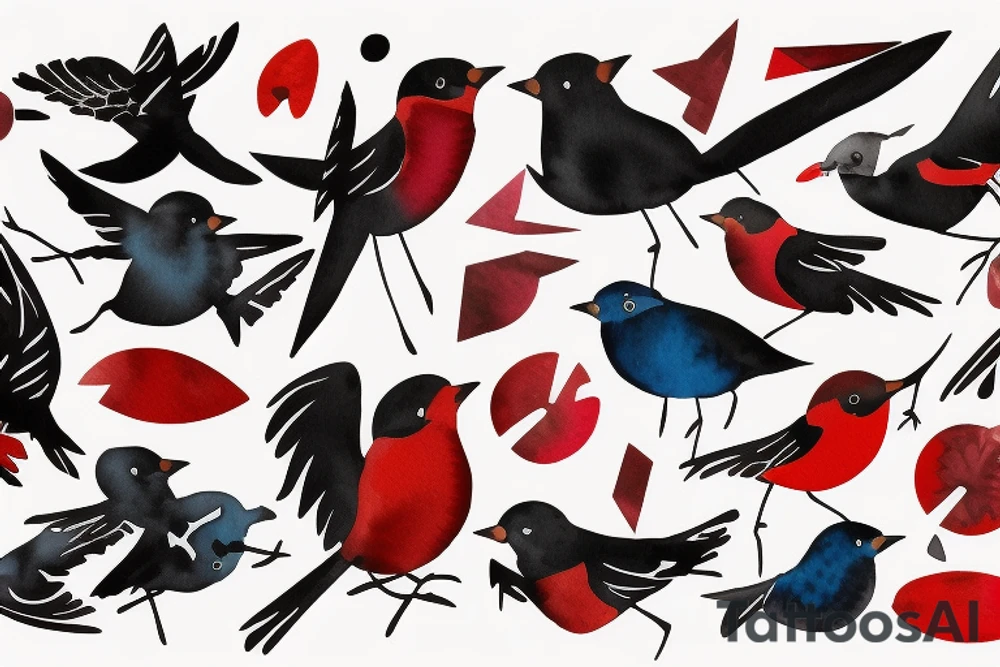watercolour abstract robin mid-flight, dynamic, only a little bit of red otherwise black and white tattoo idea