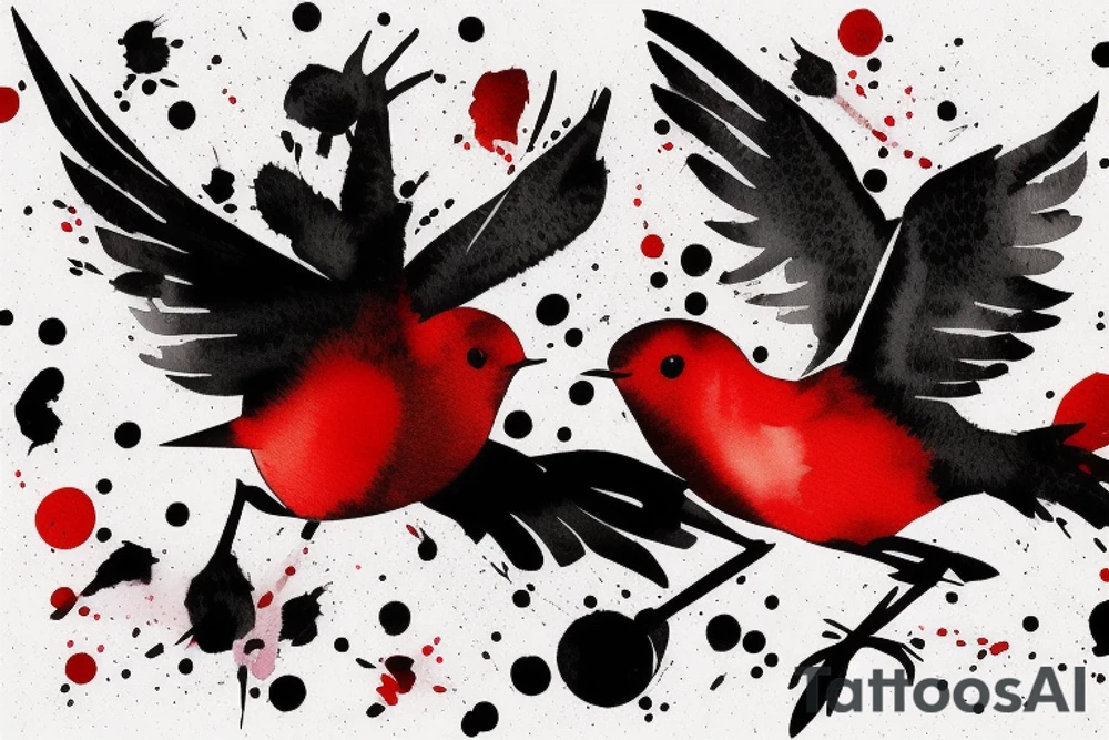 watercolour abstract robin mid-flight, dynamic, only a little bit of red otherwise black and white, splatters tattoo idea