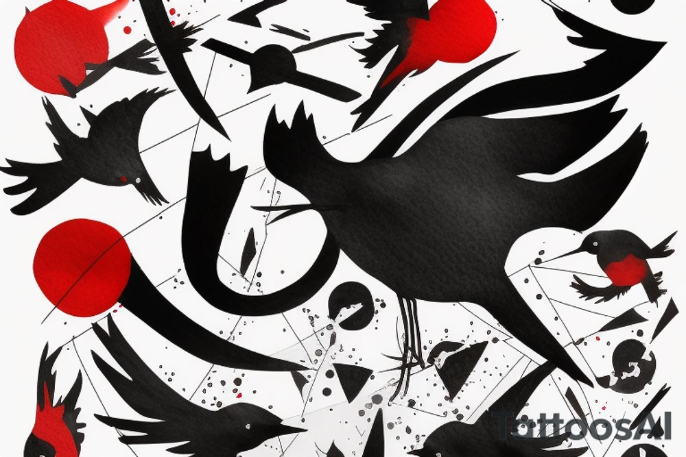watercolour abstract robin mid-flight, dynamic, only a little bit of red otherwise black and white, splatters tattoo idea