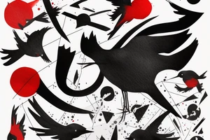 watercolour abstract robin mid-flight, dynamic, only a little bit of red otherwise black and white, splatters tattoo idea