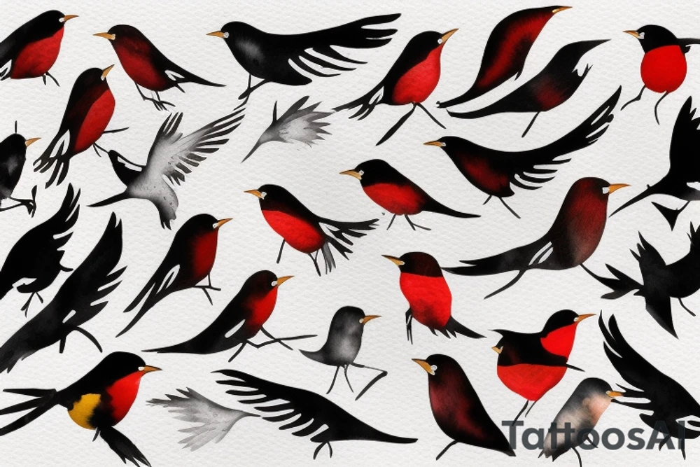 watercolour abstract robin mid-flight, dynamic, only a little bit of red otherwise black and white, splatters tattoo idea