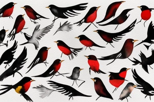 watercolour abstract robin mid-flight, dynamic, only a little bit of red otherwise black and white, splatters tattoo idea