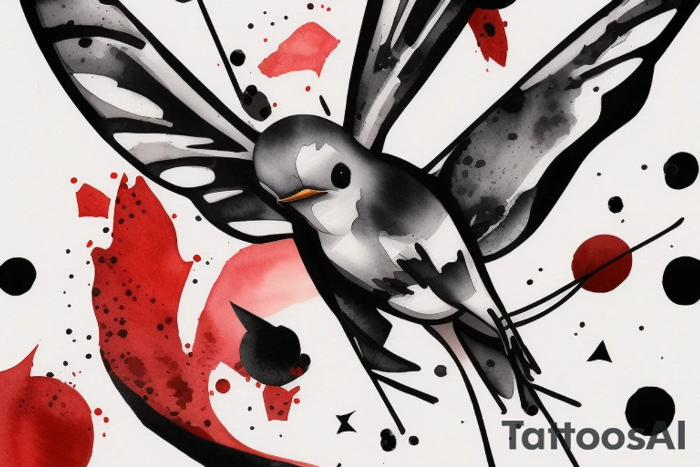 watercolour abstract robin mid-flight, dynamic, only a little bit of red otherwise black and white, splatters tattoo idea
