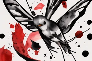 watercolour abstract robin mid-flight, dynamic, only a little bit of red otherwise black and white, splatters tattoo idea