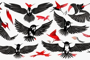 watercolour abstract robin mid-flight, dynamic, only a little bit of red otherwise black and white, splatters, sharply angled shapes in wings tattoo idea