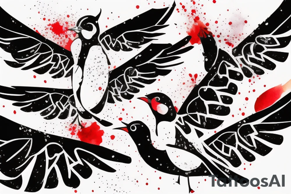 watercolour abstract robin mid-flight, dynamic, only a little bit of red otherwise black and white, splatters, sharply angled shapes in wings tattoo idea