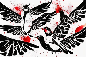 watercolour abstract robin mid-flight, dynamic, only a little bit of red otherwise black and white, splatters, sharply angled shapes in wings tattoo idea