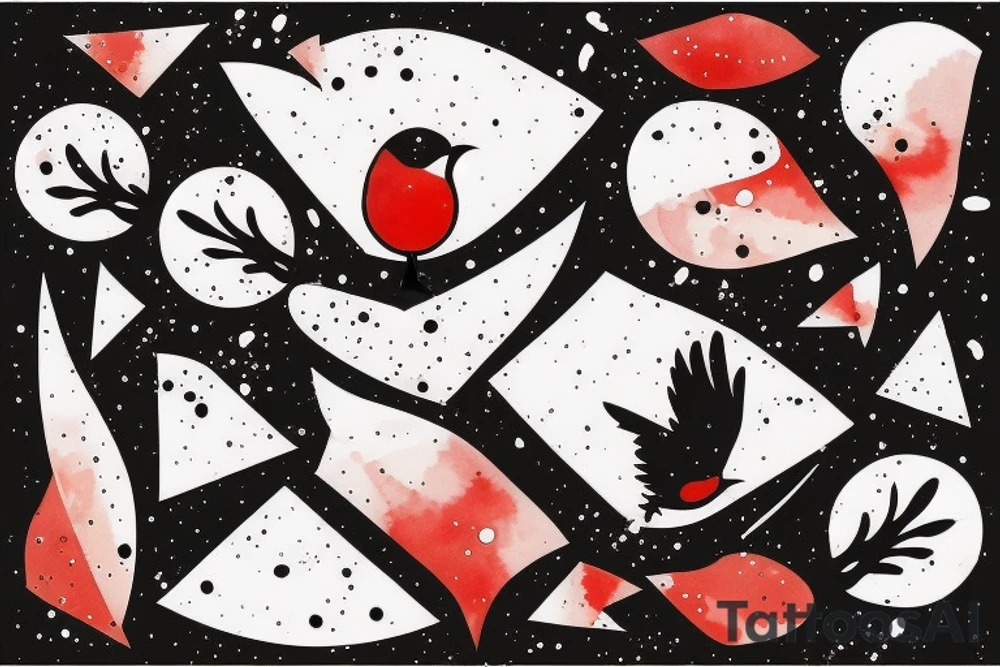watercolour abstract robin mid-flight, dynamic, only a little bit of red otherwise black and white, splatters, geometric design with the use of different shapes tattoo idea