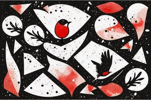 watercolour abstract robin mid-flight, dynamic, only a little bit of red otherwise black and white, splatters, geometric design with the use of different shapes tattoo idea