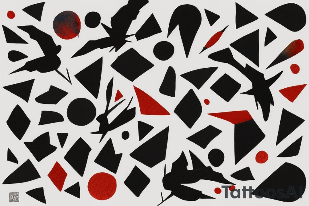 watercolour abstract robin mid-flight, dynamic, only a little bit of red otherwise black and white, splatters, geometric design with the use of different shapes tattoo idea