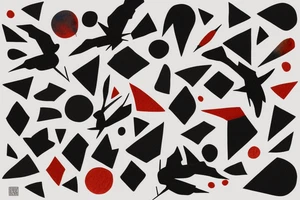 watercolour abstract robin mid-flight, dynamic, only a little bit of red otherwise black and white, splatters, geometric design with the use of different shapes tattoo idea