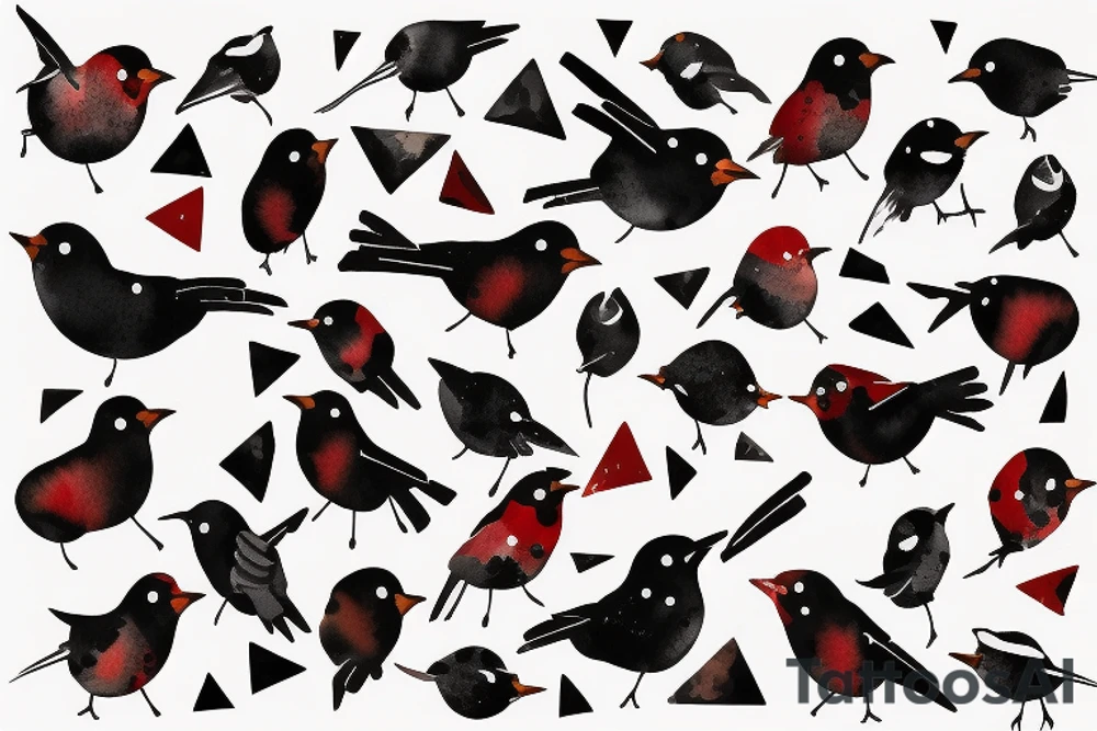 watercolour abstract robin mid-flight, dynamic, only a little bit of red otherwise black and white, splatters, geometric design with the use of different shapes to create the robin tattoo idea