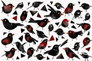 watercolour abstract robin mid-flight, dynamic, only a little bit of red otherwise black and white, splatters, geometric design with the use of different shapes to create the robin tattoo idea