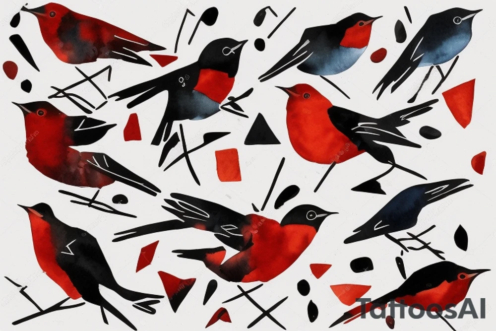 watercolour abstract robin mid-flight, dynamic, only a little bit of red otherwise black and white, splatters, geometric design with the use of different shapes to create the robin tattoo idea