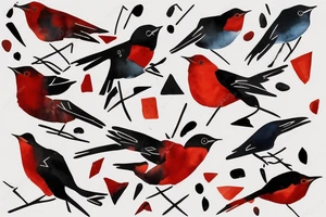 watercolour abstract robin mid-flight, dynamic, only a little bit of red otherwise black and white, splatters, geometric design with the use of different shapes to create the robin tattoo idea