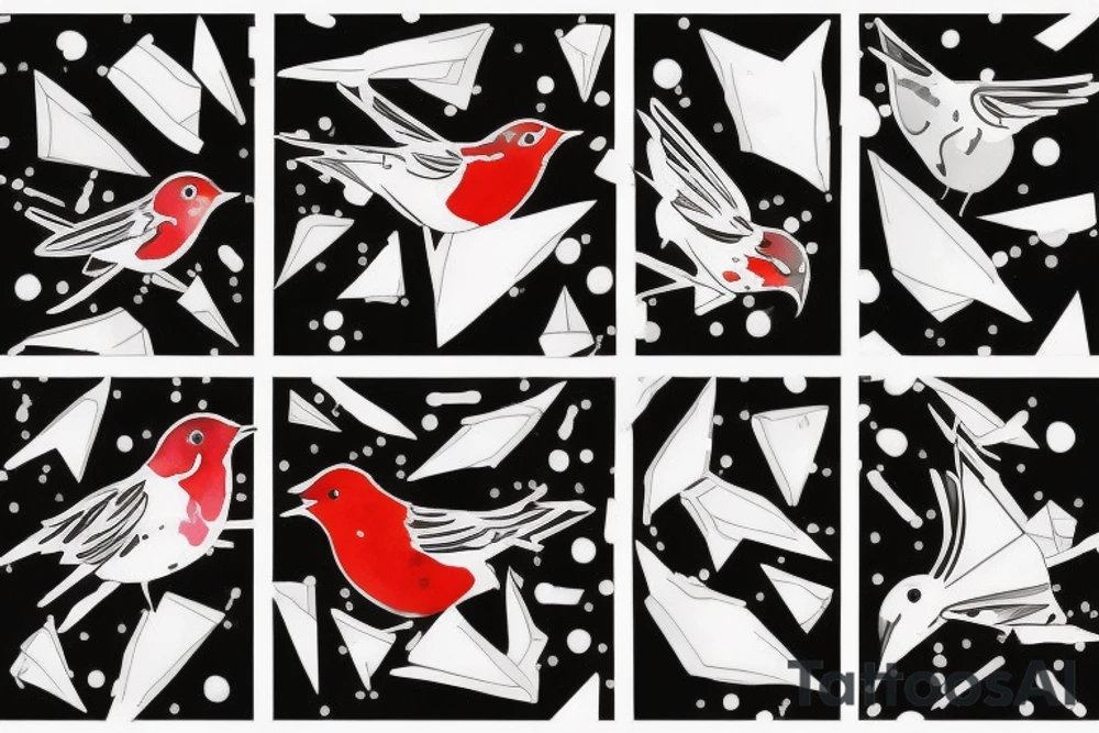 watercolour abstract robin mid-flight, dynamic, only a little bit of red otherwise black and white, splatters, geometric design with the use of different shapes to create the robin tattoo idea