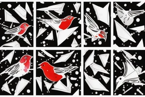 watercolour abstract robin mid-flight, dynamic, only a little bit of red otherwise black and white, splatters, geometric design with the use of different shapes to create the robin tattoo idea