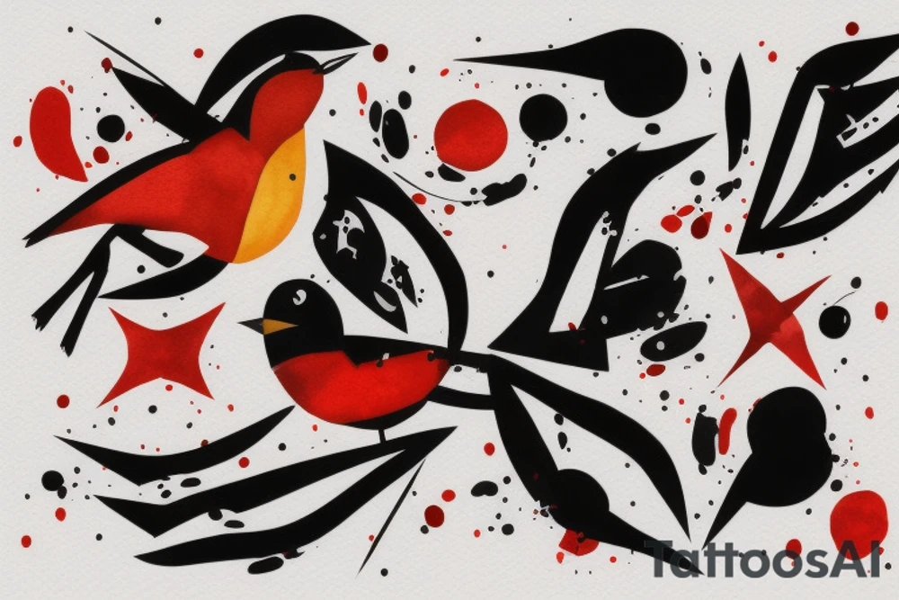watercolour abstract robin mid-flight, dynamic, only a little bit of red otherwise black and white, splatters, geometric design with the use of different shapes to create the robin tattoo idea