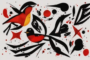 watercolour abstract robin mid-flight, dynamic, only a little bit of red otherwise black and white, splatters, geometric design with the use of different shapes to create the robin tattoo idea