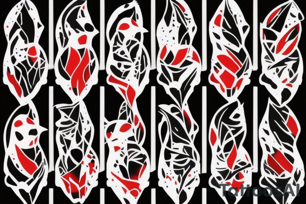 watercolour abstract robin mid-flight, dynamic, only a little bit of red otherwise black and white, splatters, geometric design with the use of different shapes to create the robin tattoo idea