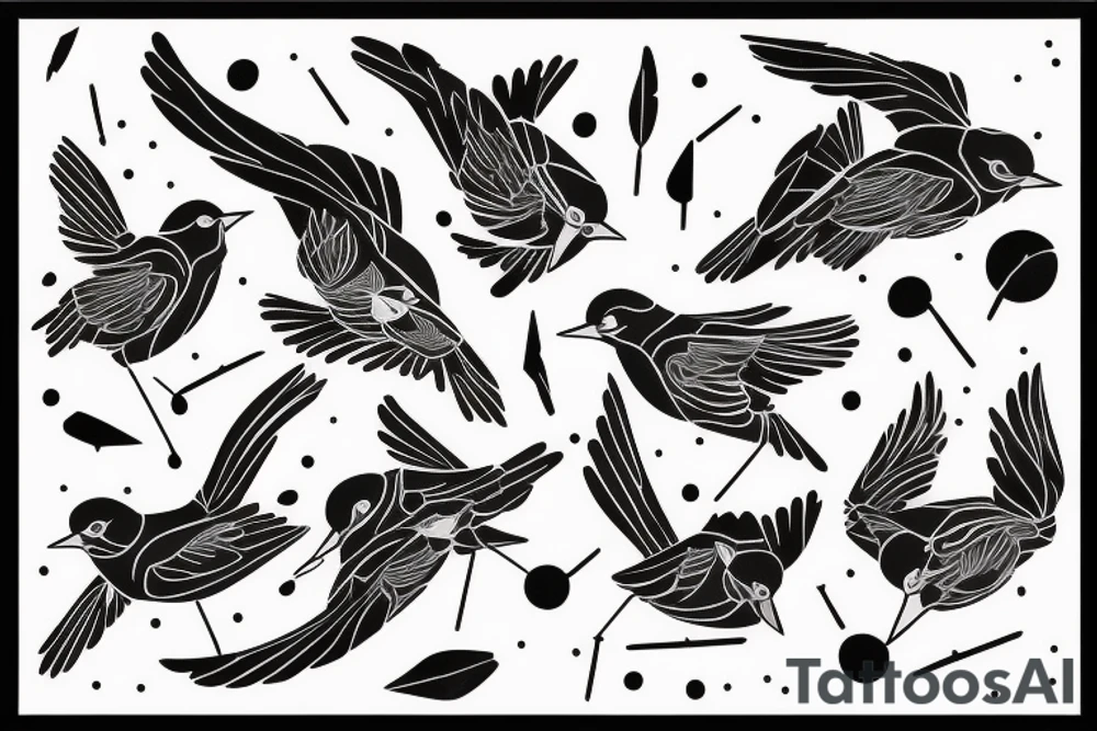 watercolour abstract robin mid-flight, dynamic, only a little bit of red otherwise black and white, splatters, geometric design with the use of different shapes to create the robin tattoo idea
