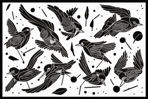 watercolour abstract robin mid-flight, dynamic, only a little bit of red otherwise black and white, splatters, geometric design with the use of different shapes to create the robin tattoo idea