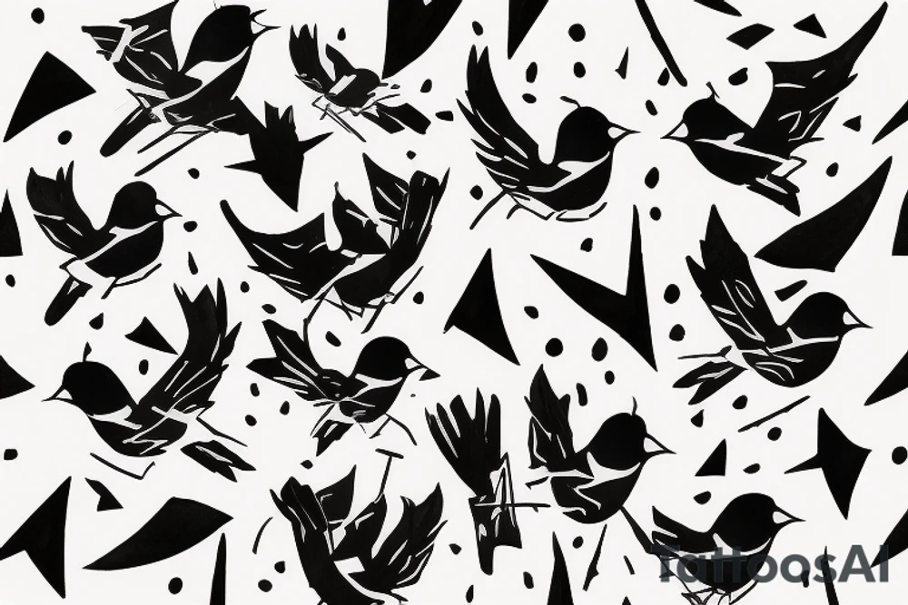 watercolour abstract robin mid-flight, dynamic, only a little bit of red otherwise black and white, splatters, geometric design with the use of different shapes to create the robin tattoo idea