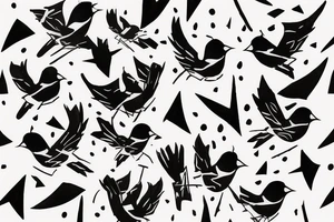 watercolour abstract robin mid-flight, dynamic, only a little bit of red otherwise black and white, splatters, geometric design with the use of different shapes to create the robin tattoo idea