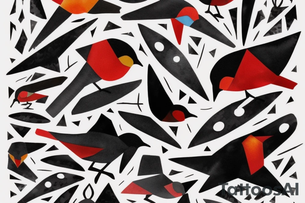 watercolour abstract robin mid-flight, dynamic, only a little bit of red otherwise black and white, splatters, geometric design with the use of different shapes to create the robin tattoo idea