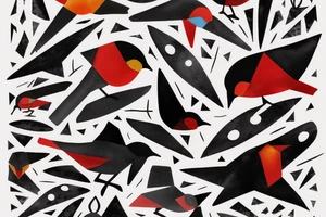 watercolour abstract robin mid-flight, dynamic, only a little bit of red otherwise black and white, splatters, geometric design with the use of different shapes to create the robin tattoo idea