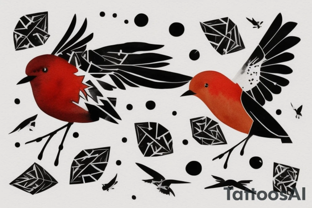 watercolour abstract robin mid-flight, dynamic, only a little bit of red otherwise black and white, splatters, geometric design with the use of different shapes to create the robin tattoo idea