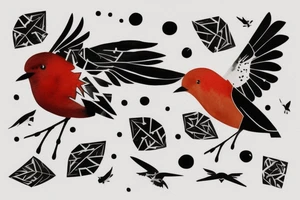 watercolour abstract robin mid-flight, dynamic, only a little bit of red otherwise black and white, splatters, geometric design with the use of different shapes to create the robin tattoo idea