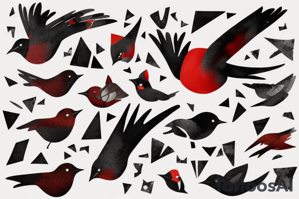 watercolour abstract robin mid-flight, dynamic, only a little bit of red otherwise black and white, splatters, geometric design with the use of different shapes to create the robin tattoo idea