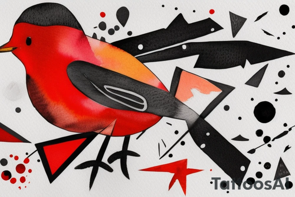 watercolour abstract robin mid-flight, dynamic, only a little bit of red otherwise black and white, splatters, geometric design with the use of different shapes to create the robin tattoo idea