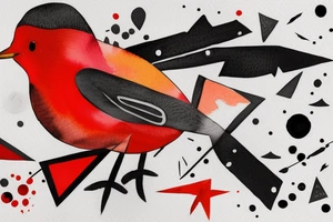 watercolour abstract robin mid-flight, dynamic, only a little bit of red otherwise black and white, splatters, geometric design with the use of different shapes to create the robin tattoo idea