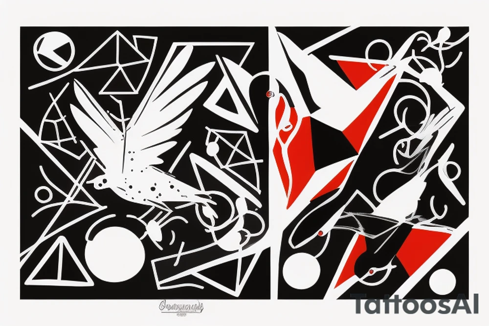 watercolour abstract robin mid-flight, dynamic, only a little bit of red otherwise black and white, splatters, geometric design with the use of different shapes to create the robin tattoo idea