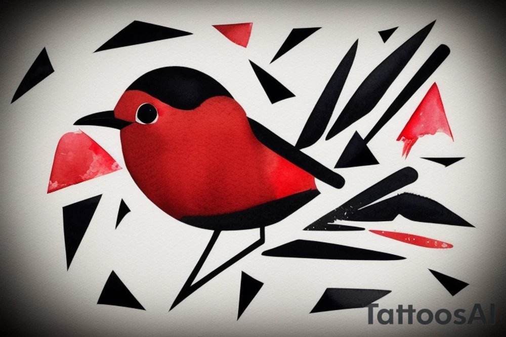 watercolour abstract robin mid-flight, dynamic, only a little bit of red otherwise black and white, splatters, geometric design with the use of triangles to create the robin tattoo idea