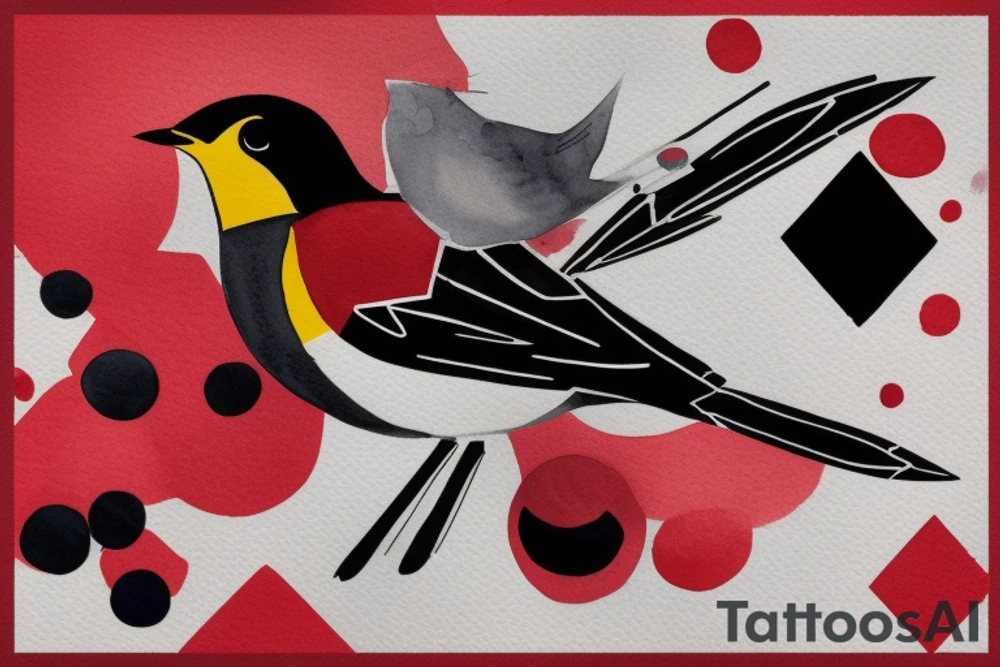 watercolour abstract robin mid-flight, dynamic, only a little bit of red otherwise black and white, splatters, geometric design with the use of triangles to create the robin tattoo idea